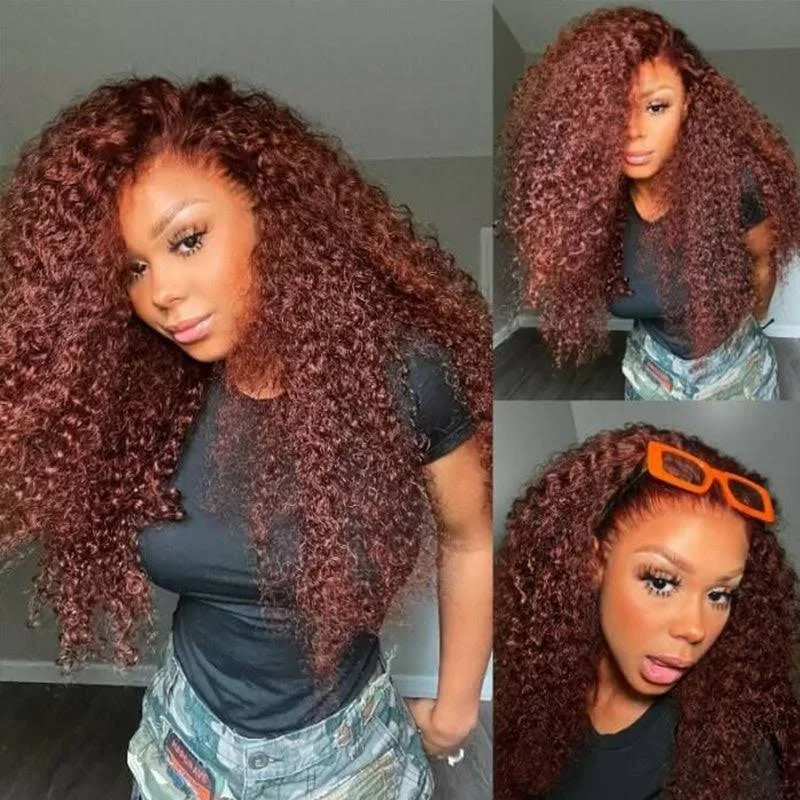 Klaiyi Pre-Cut Lace Wig Put On and Go Reddish Brown Lace Wig Jerry Curl Wig