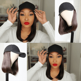Klaiyi Straight Human Hair Cap Wigs Dark Brown Bob Wigs With Hat Short Straight Hair Hat Wig 150% Density