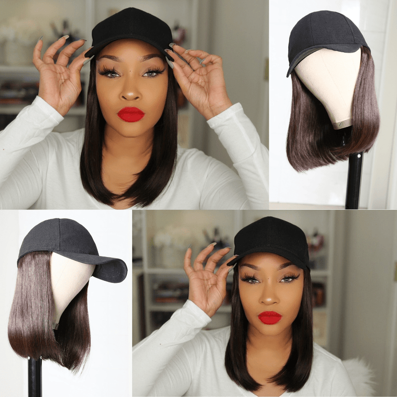 Klaiyi Straight Human Hair Cap Wigs Dark Brown Bob Wigs With Hat Short Straight Hair Hat Wig 150% Density