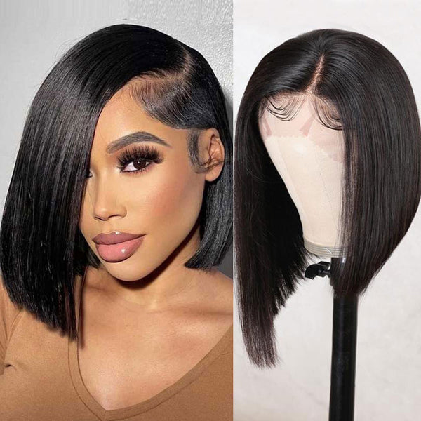Klaiyi Asymmetrical Bob Wigs Blunt Haircuts Lace Front Wigs with Side Part Perfect For Any Face Shapes