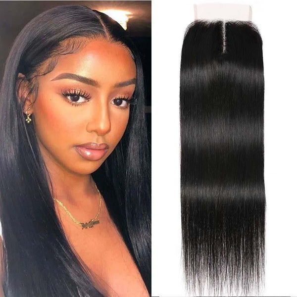 Klaiyi Straight Human Hair Closure Middle Part 4x4 T Part Lace Closure Pre Plucked Natural Hairline