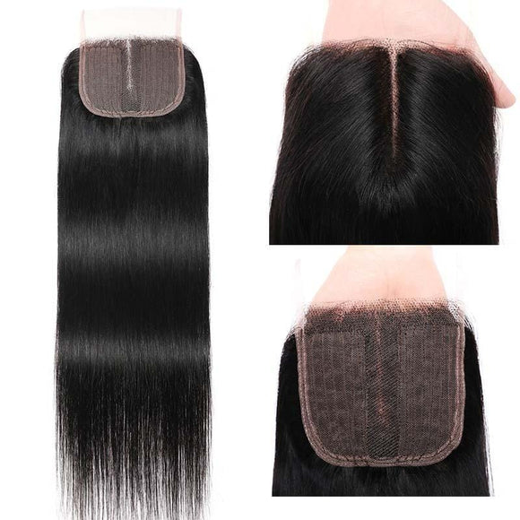 Klaiyi Straight Human Hair Closure Middle Part 4x4 T Part Lace Closure Pre Plucked Natural Hairline