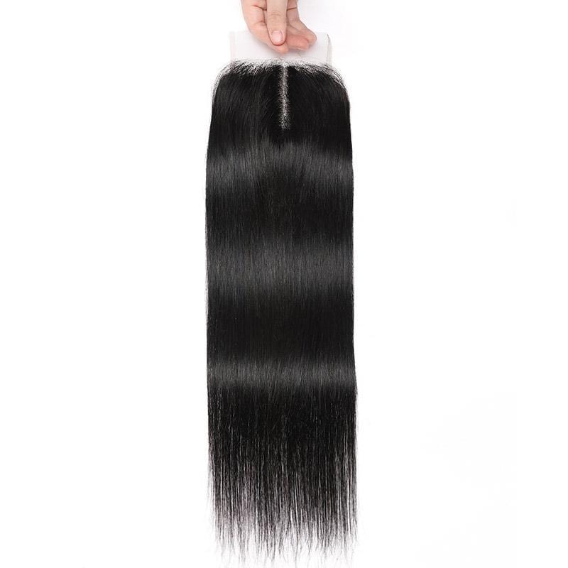 Klaiyi Straight Human Hair Closure Middle Part 4x4 T Part Lace Closure Pre Plucked Natural Hairline