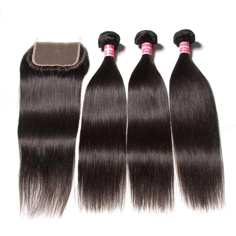 Klaiyi Peruvian Straight Hair 3 Bundles with 4*4 Lace Closure