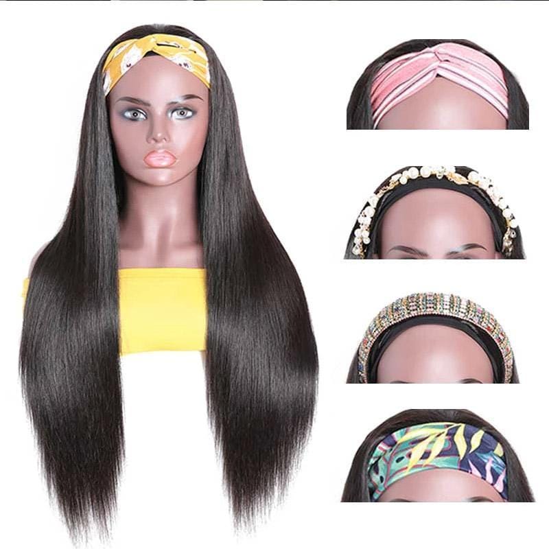 Klaiyi Straight Headband Wig Virgin Human Hair Attached Non Lace Front Wigs for Women