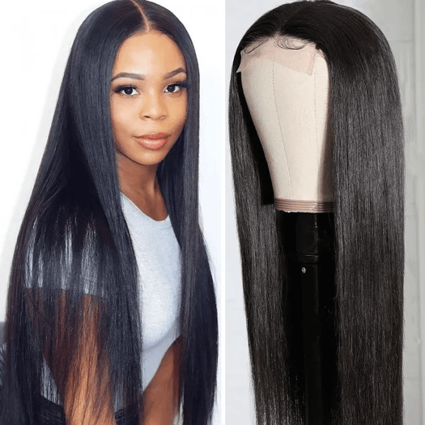 Klaiyi Fake Scalp Wig Straight Human Hair Lace Part Wig Preplucked Natural Hairline 150% Density