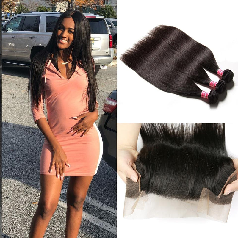 Klaiyi 3 Bundles Brazilian Straight Hair with 13*4 Ear to Ear Lace Frontal Closure