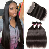 Klaiyi Hair Bone Straight Hair Bundles with Transparent Frontal Pre Plucked 13*4 Swiss Lace Front