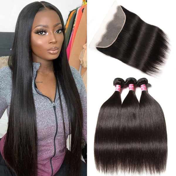 Klaiyi Hair Bone Straight Hair Bundles with Transparent Frontal Pre Plucked 13*4 Swiss Lace Front