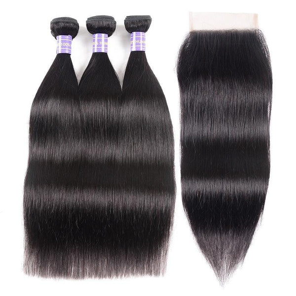 Klaiyi Remy Hair Brazilian 100% Human Hair Straight Hair 3 Bundles with 4*4 Lace Closure Youth Series