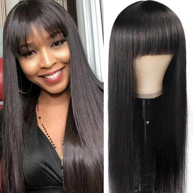 Klaiyi Straight Human Hair Wig with Bangs 13*4 Lace Front Human Hair Wigs Fringe Style