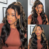 Klaiyi 13x4 Natural Color With Peek A Boo Blonde Highlights Lace Front Body Wave Wig