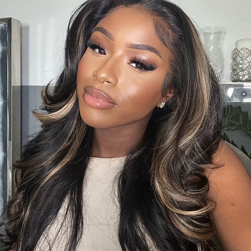 Klaiyi 13x4 Natural Color With Peek A Boo Blonde Highlights Lace Front Body Wave Wig