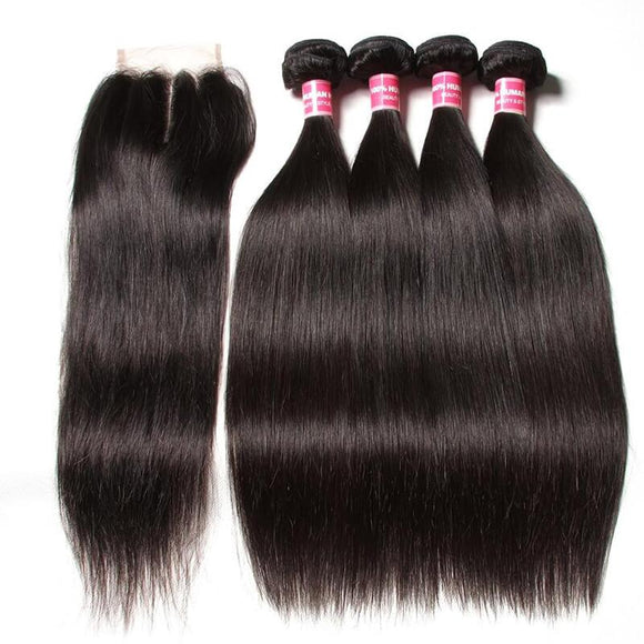 Malaysian Straight Hair 4 Bundles with Lace Closure, No Shedding and Tangle Free -Klaiyi Hair