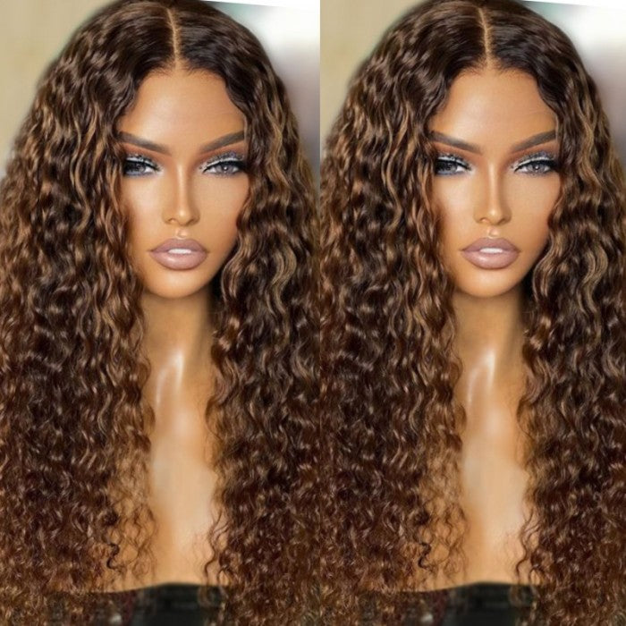 Klaiyi Wet and Wavy V Part Wig Beginner Friendly Dark Roots Ginger Brown Human Hair Flash Sale