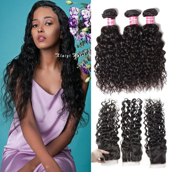 Malaysian Water Wave 3 Bundles with 4*4 Lace Closure, 100% Virgin Human Hair on Sale-Klaiyi Hair